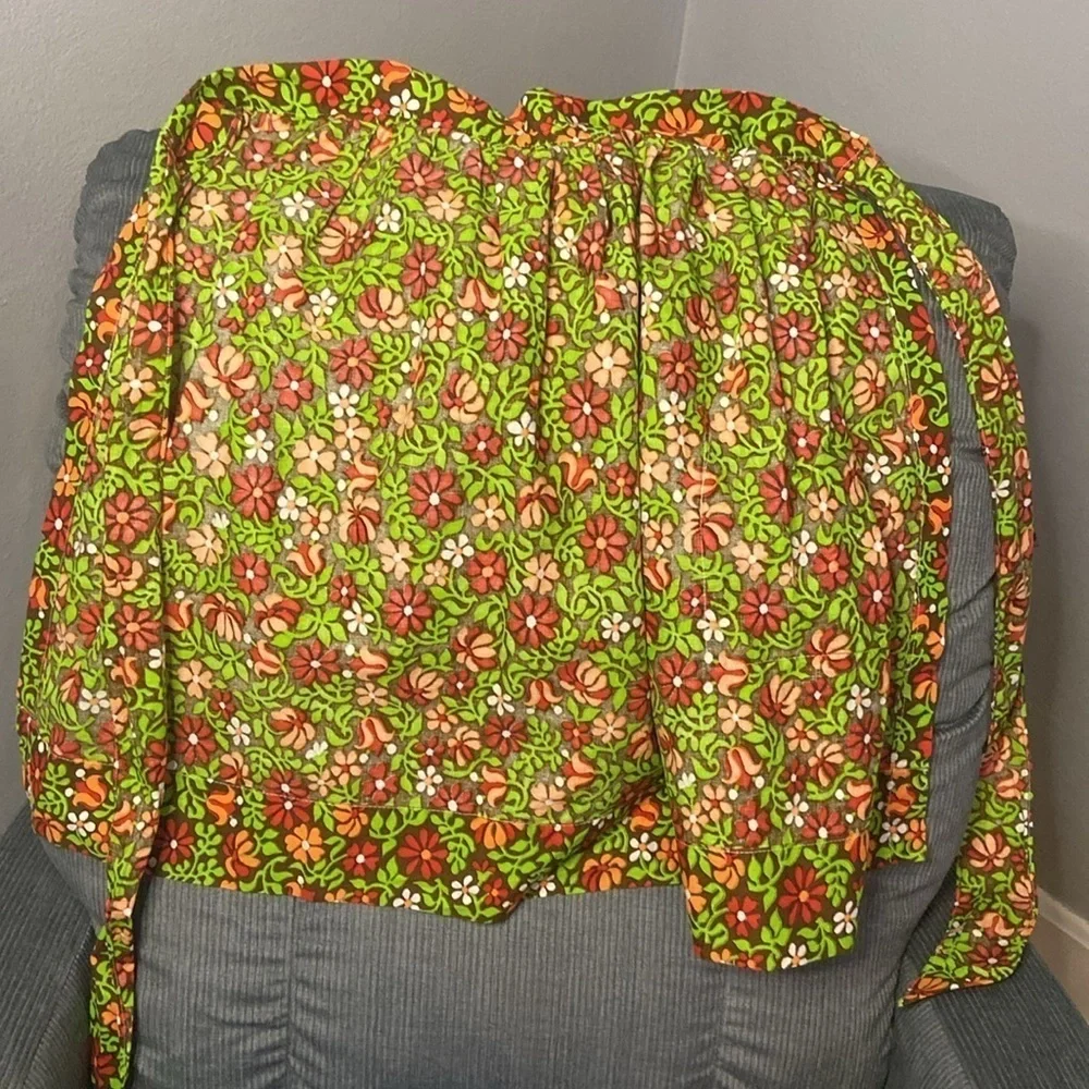 Vintage Handmade Apron Attached Towel Front Pocket Back Tie Green Orange Pink
